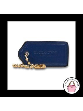1.5" COACH NEW YORK Blue Smooth Leather Brass Fob Bag Charm Keychain Hang Tag
